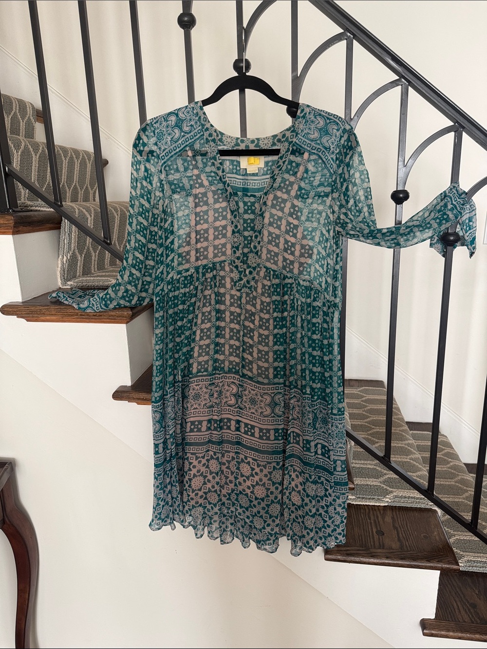 Maeve Teal & Ivory Printed Long-Sleeve Tunic Dress